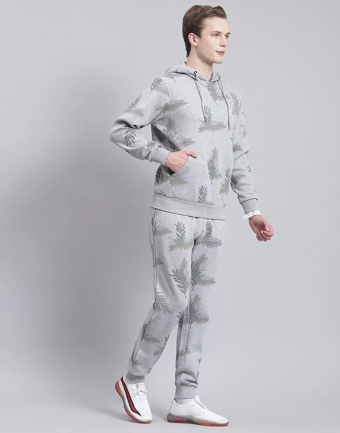 Men Grey Printed Hooded Full Sleeve Tracksuit - Image 4
