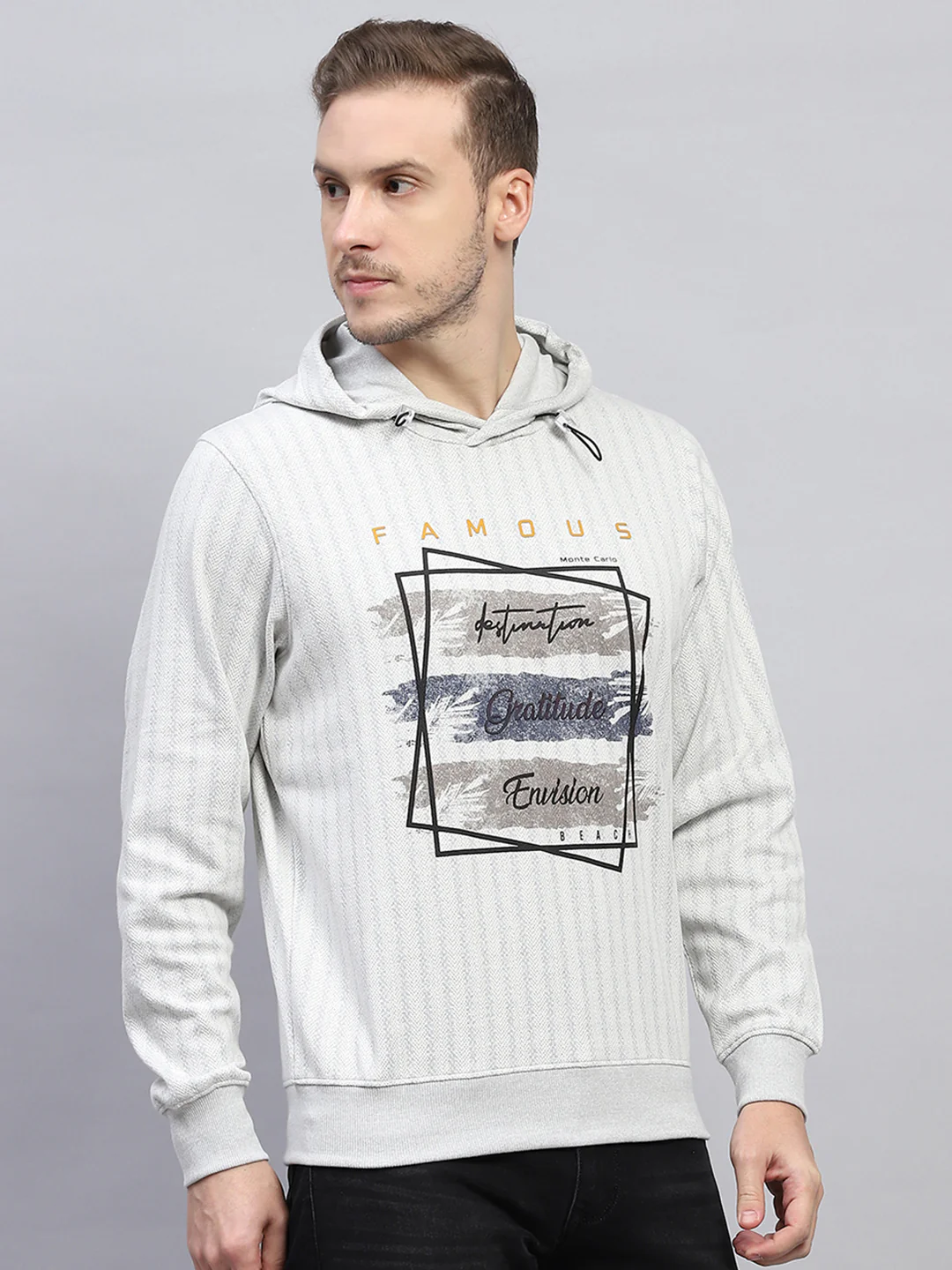Men Grey Printed Hooded Full Sleeve Winter T-Shirt - Image 4