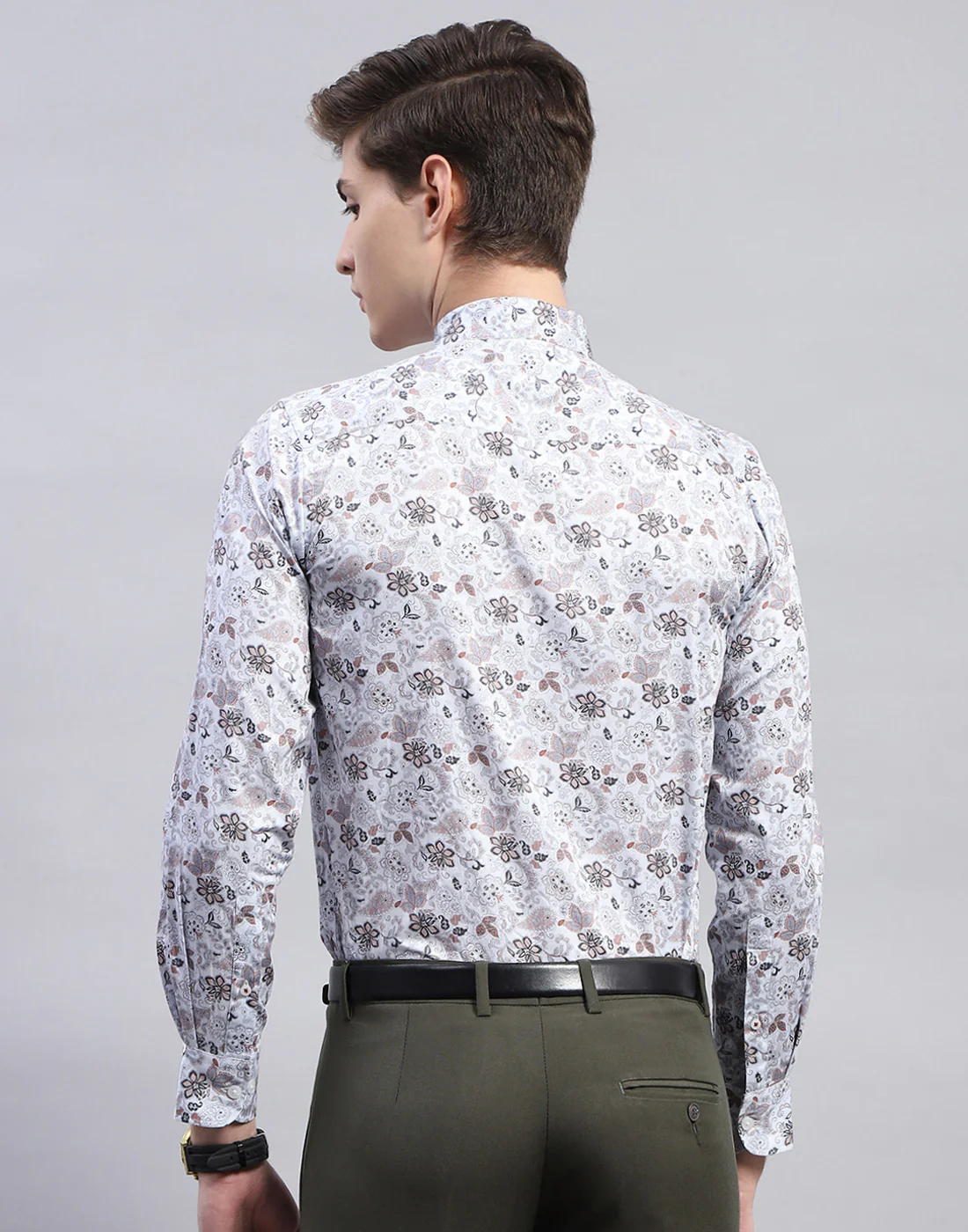 Men Grey Printed Mandarin Collar Full Sleeve Shirt - Image 6