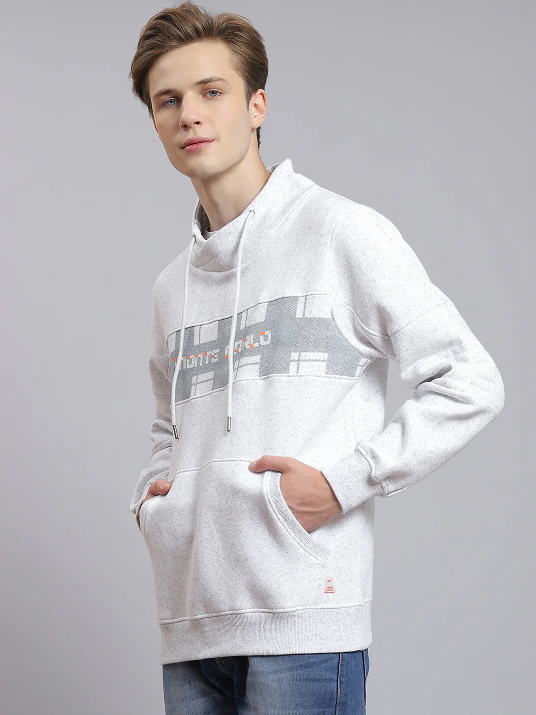 Men Grey Printed Mock Collar Full Sleeve Sweatshirt - Image 3