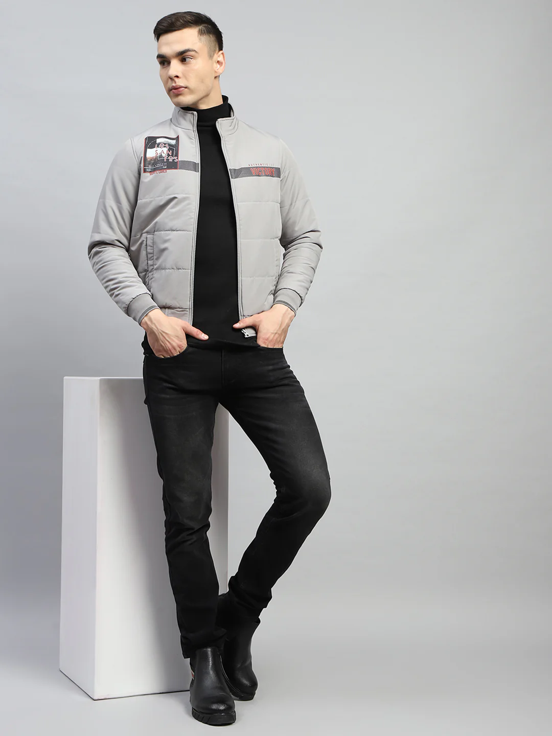 Men Grey Printed Mock Neck Full Sleeve Jacket - Image 2