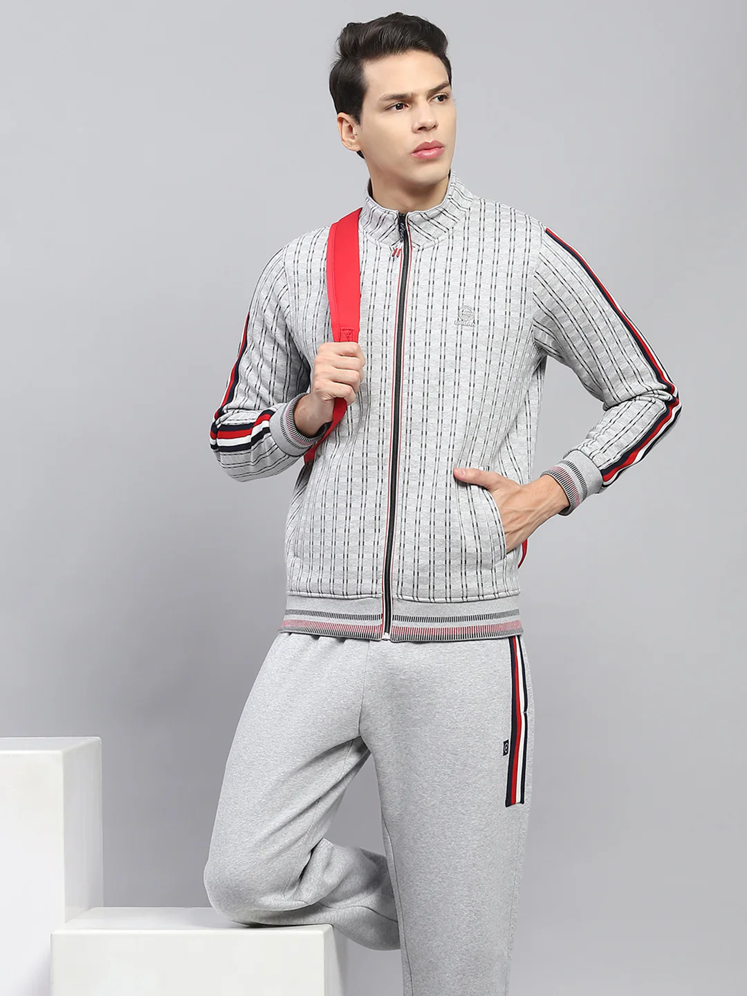 Men Grey Printed Mock Neck Full Sleeve Winter Tracksuit - Image 6