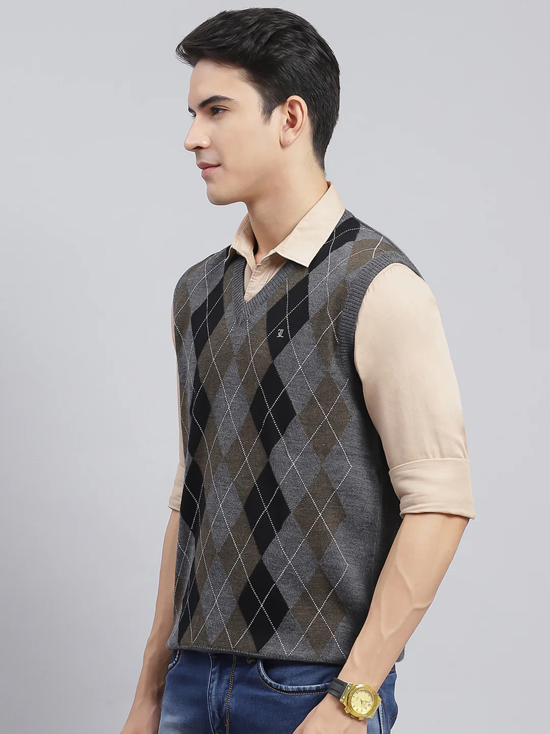Men Grey Printed Pure wool Sweater - Image 4