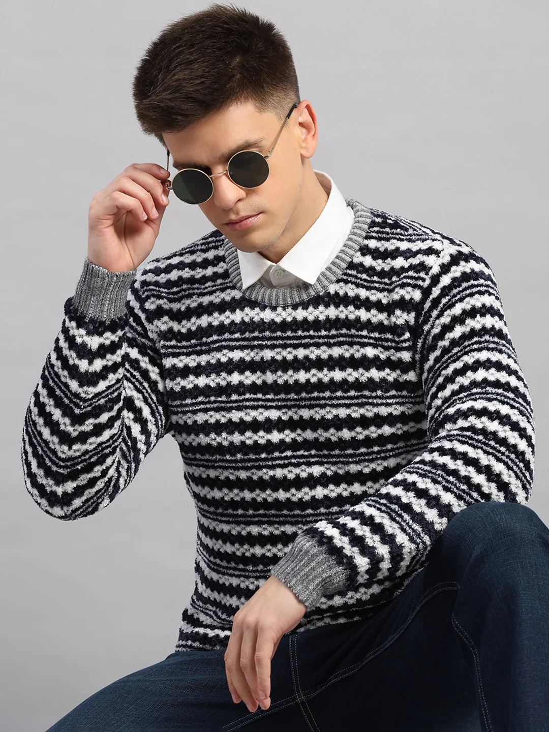 Men Grey Printed Round Neck Full Sleeve Pullover - Image 6