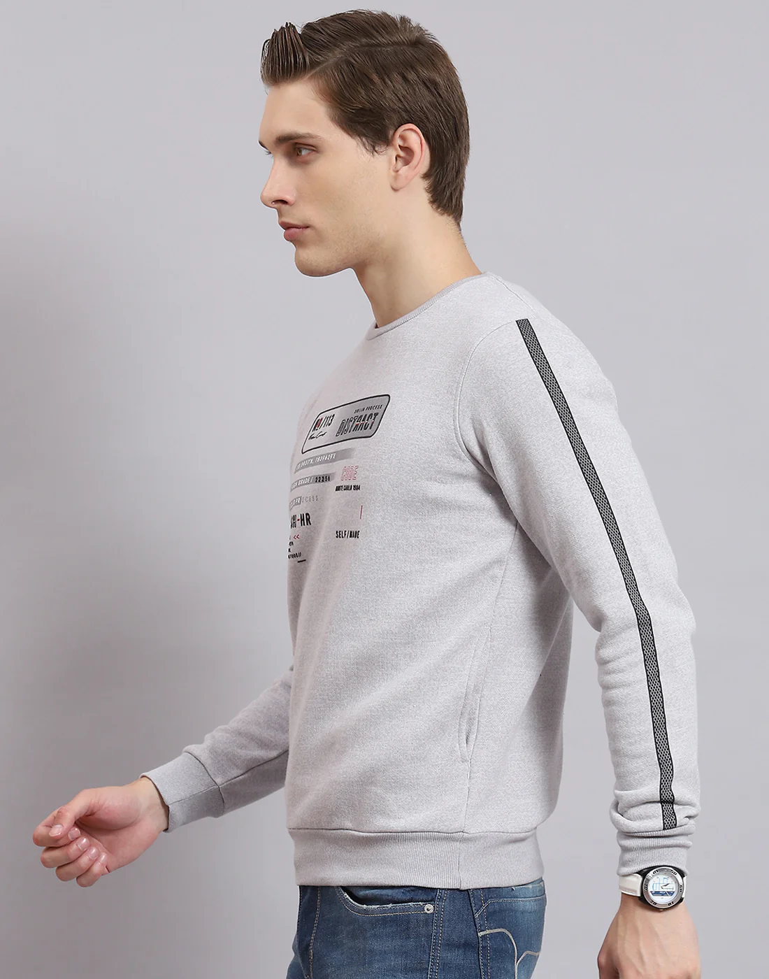 Men Grey Printed Round Neck Full Sleeve Sweatshirt - Image 3