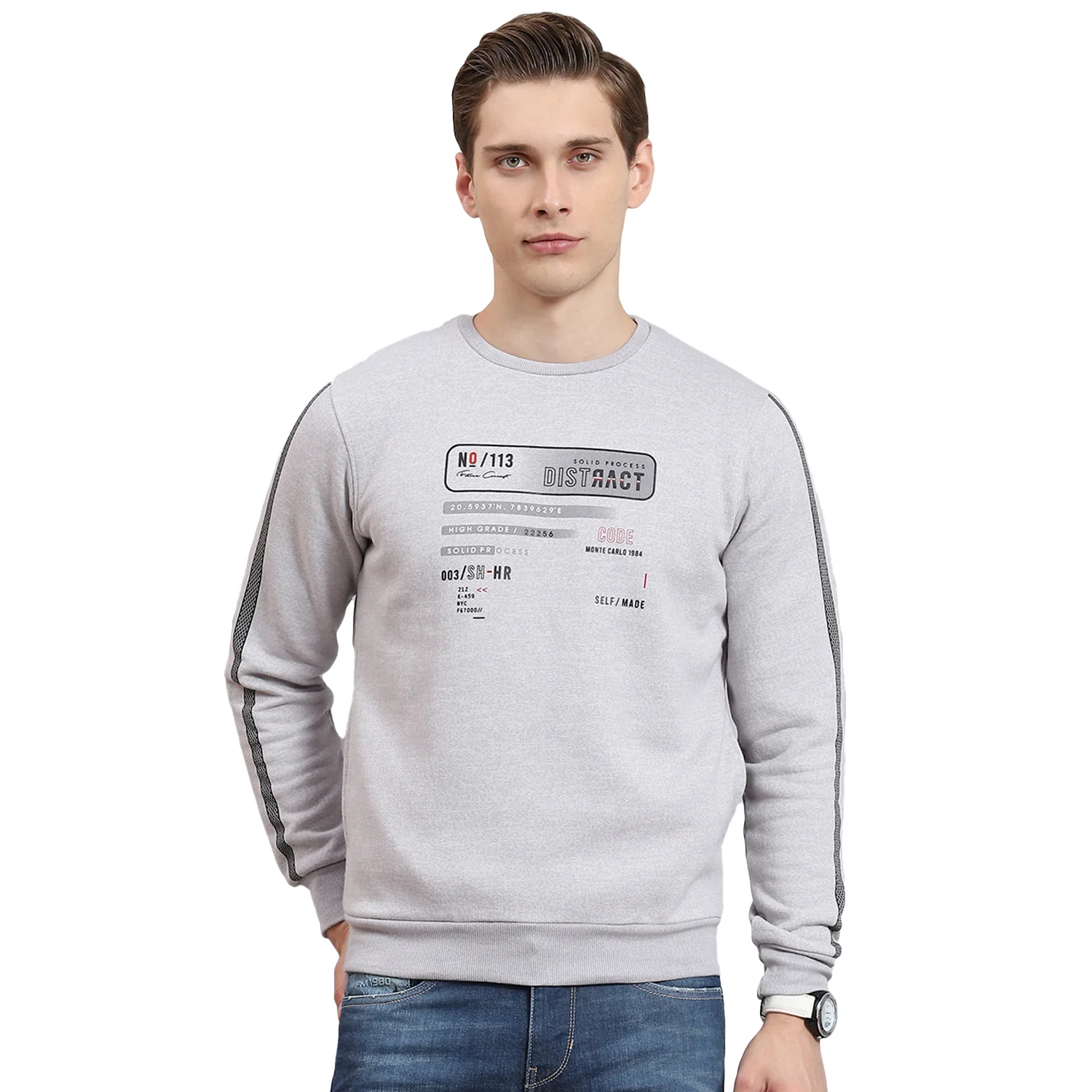 Men Grey Printed Round Neck Full Sleeve Sweatshirt - Image 5