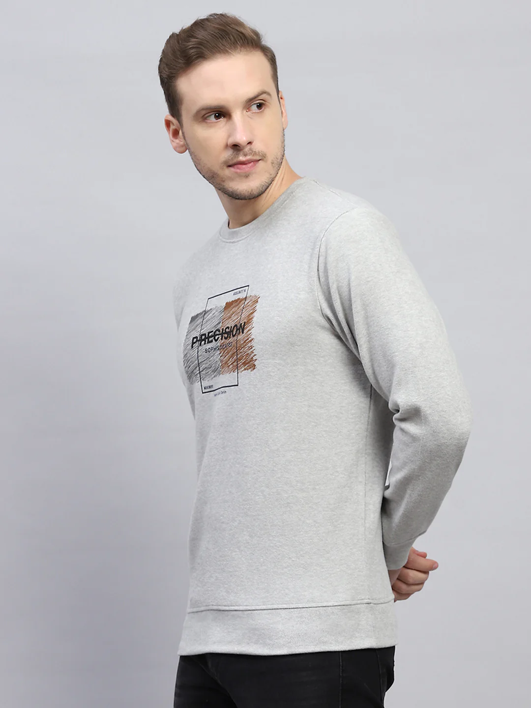 Men Grey Printed Round Neck Full Sleeve Sweatshirt - Image 3