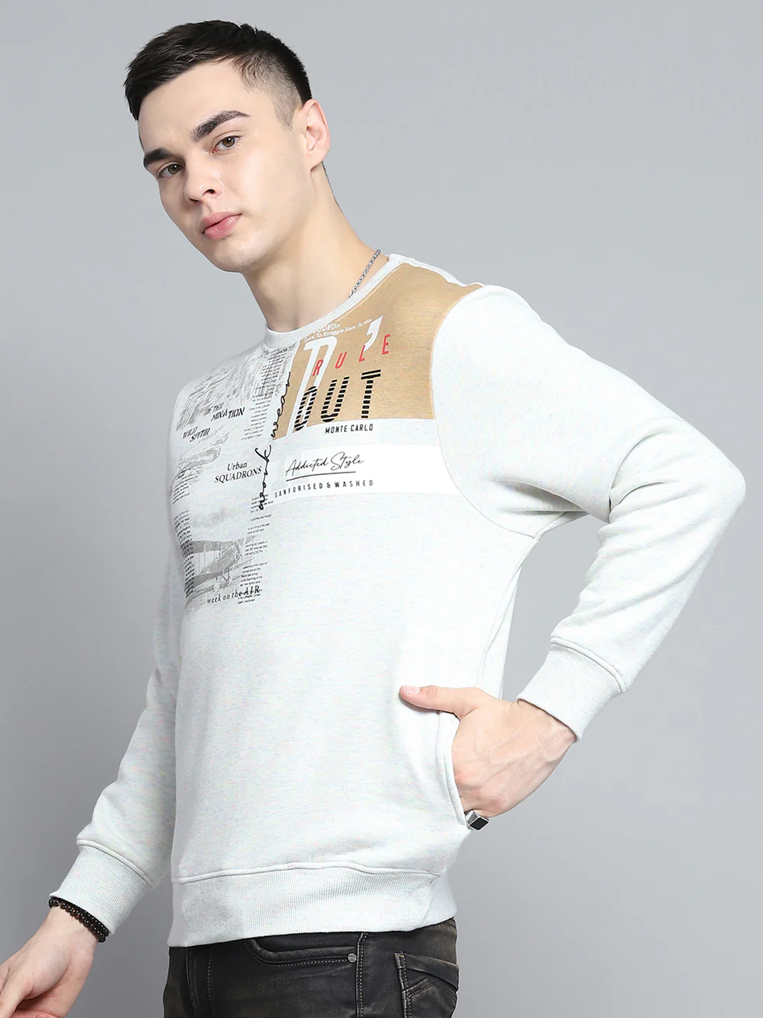 Men Grey Printed Round Neck Full Sleeve Sweatshirt - Image 3