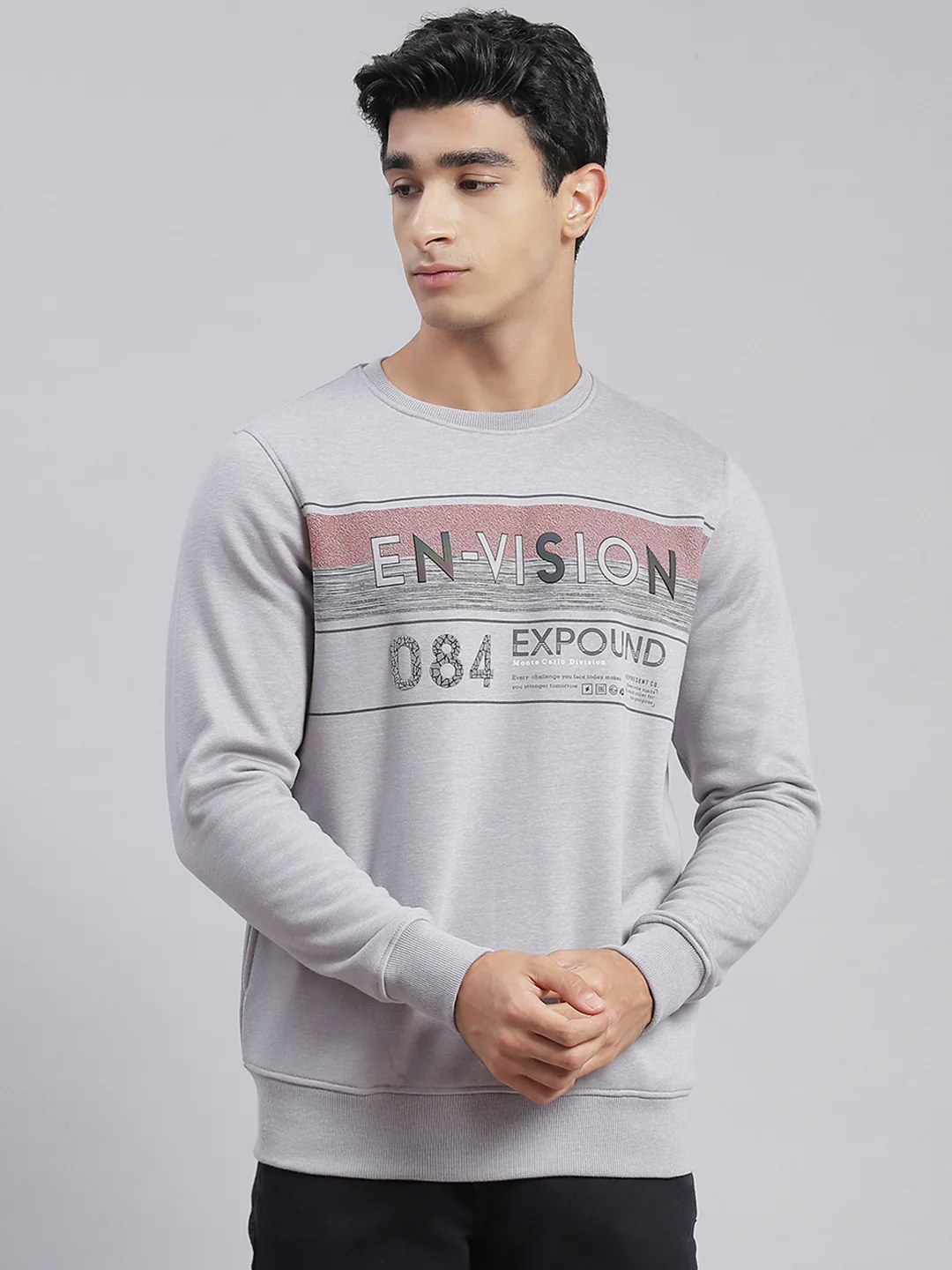 Men Grey Printed Round Neck Full Sleeve Sweatshirts - Image 2