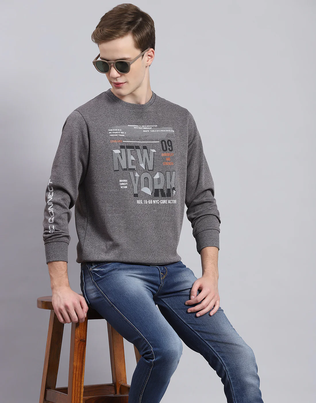 Men Grey Printed Round Neck Full Sleeve T-Shirt - Image 6