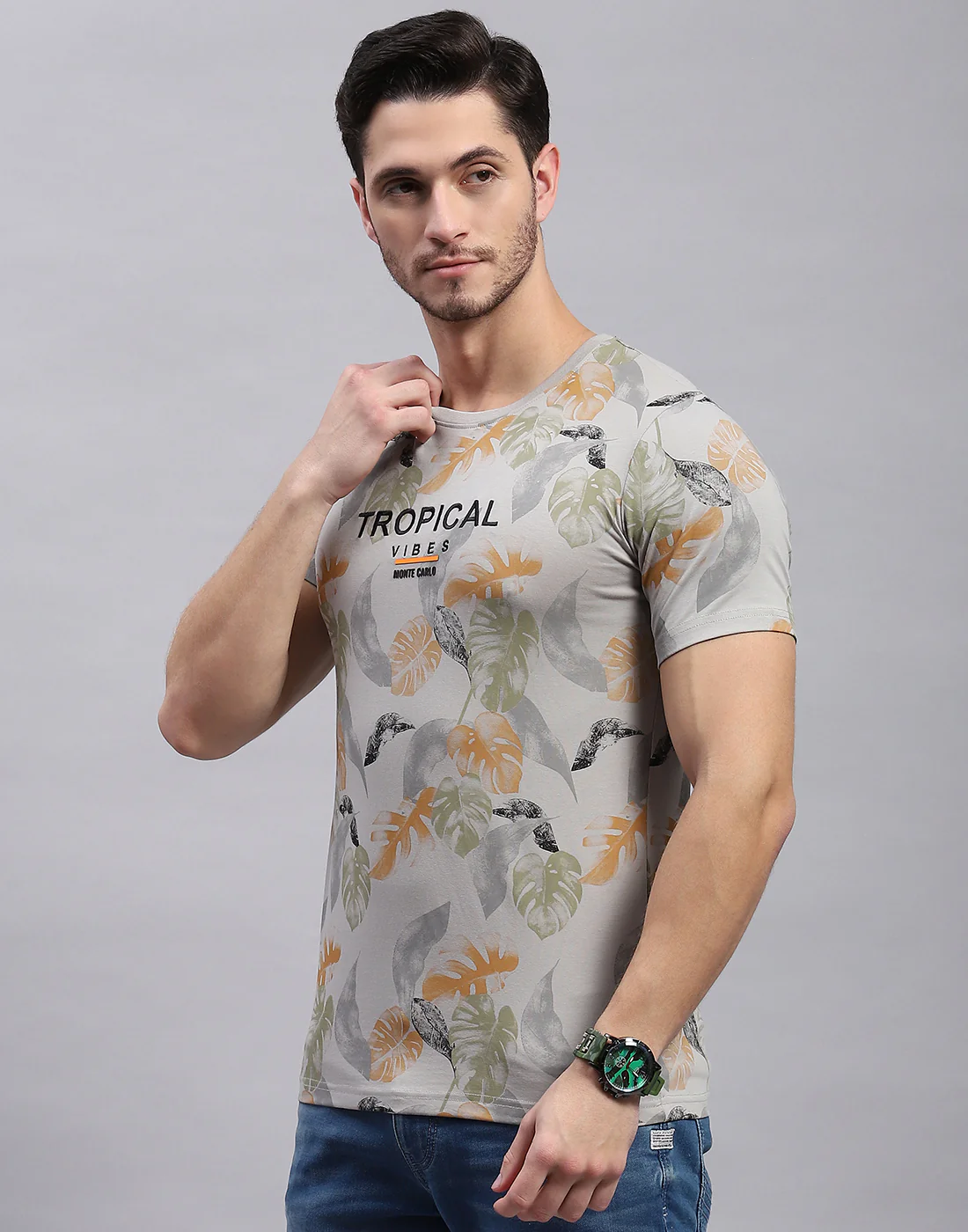Men Grey Printed Round Neck Half Sleeve T-Shirt - Image 3