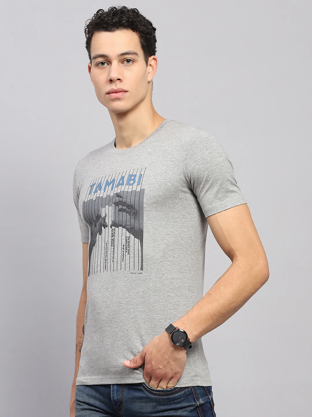 Men Grey Printed Round Neck Half Sleeve T-Shirt - Image 3