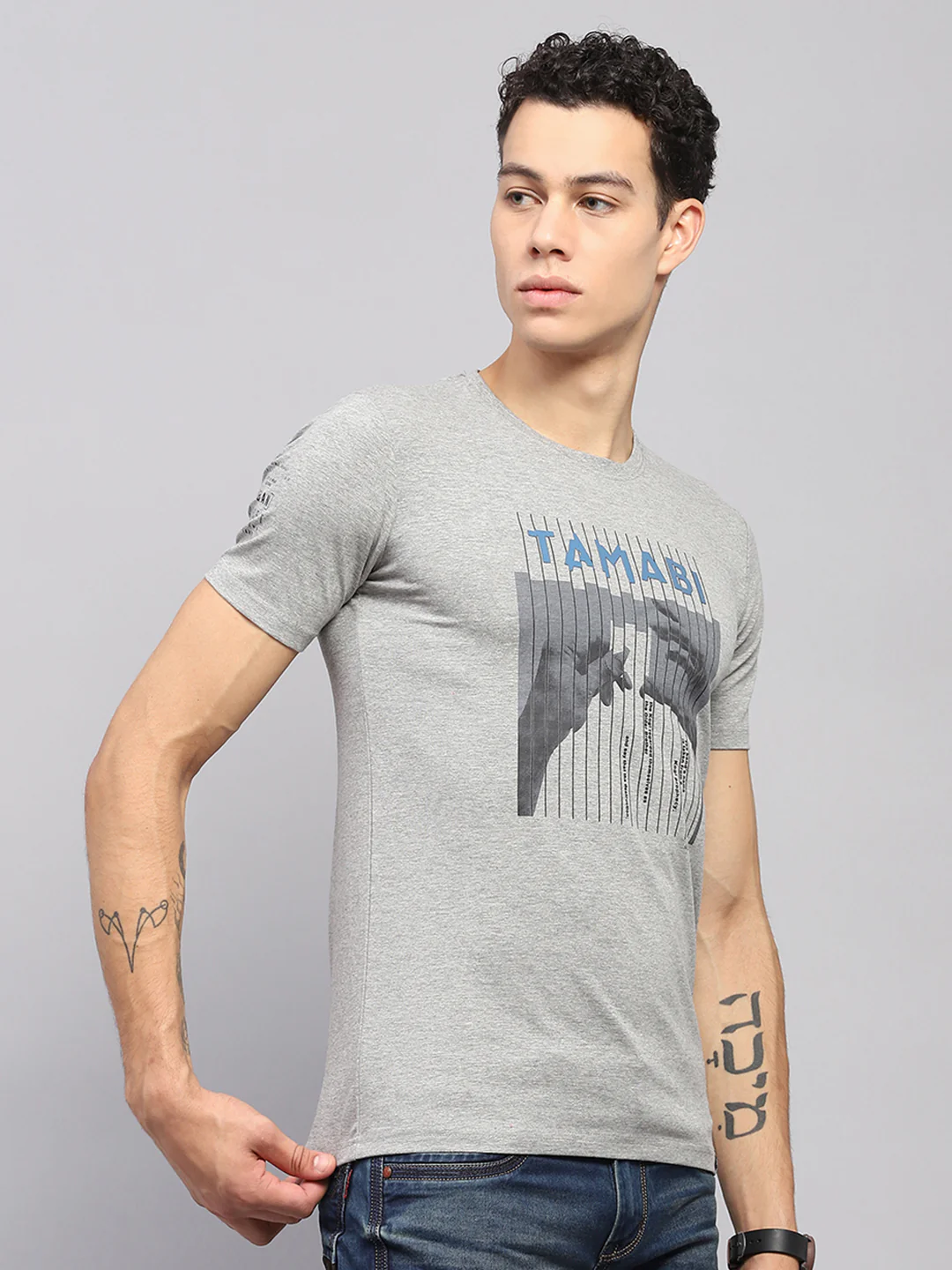 Men Grey Printed Round Neck Half Sleeve T-Shirt - Image 4