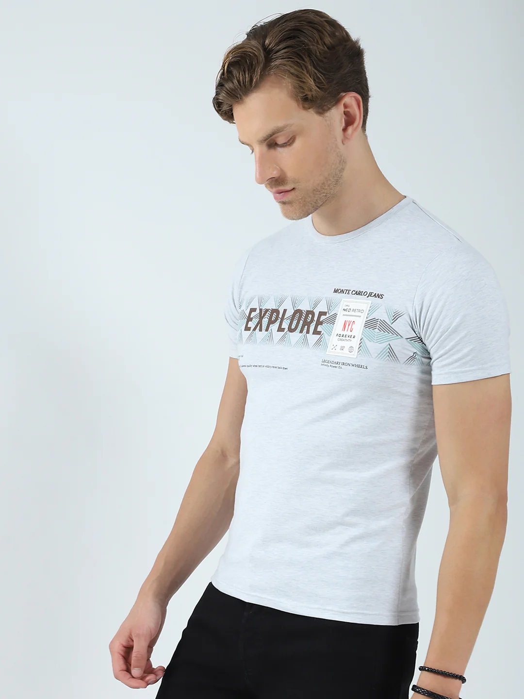 Men Grey Printed Round Neck Half Sleeve T-Shirt - Image 3