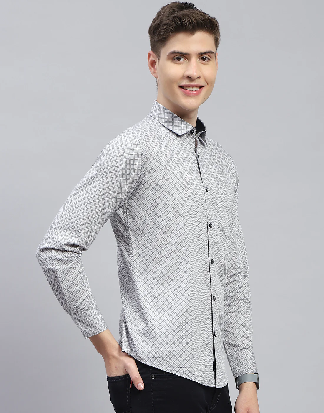Men Grey Printed Spread Collar Full Sleeve Shirt - Image 4