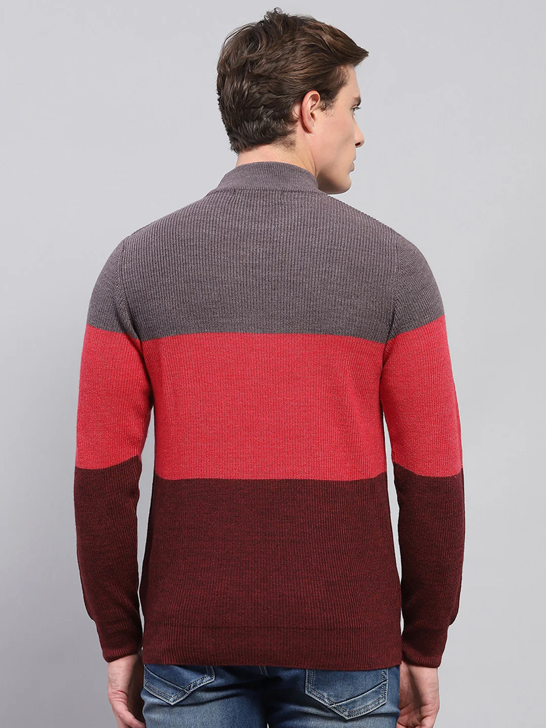 Men Grey & Red Stripe High Neck Full Sleeve Pullover - Image 5