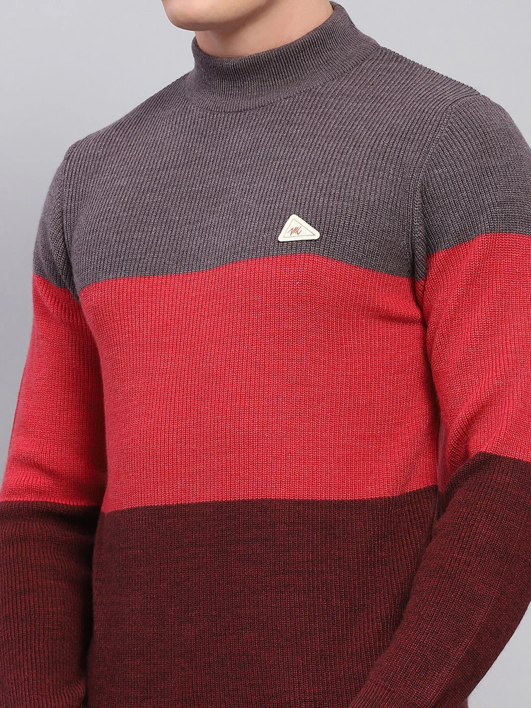 Men Grey & Red Stripe High Neck Full Sleeve Pullover - Image 6
