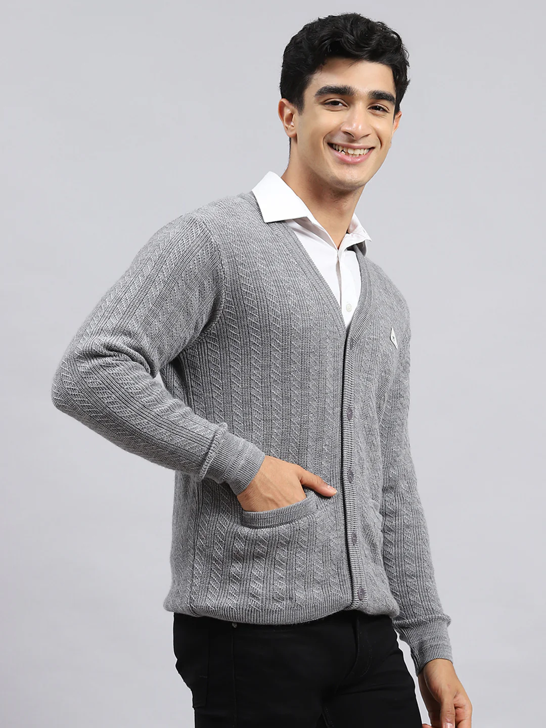 Men Grey Self Cardigan - Image 3