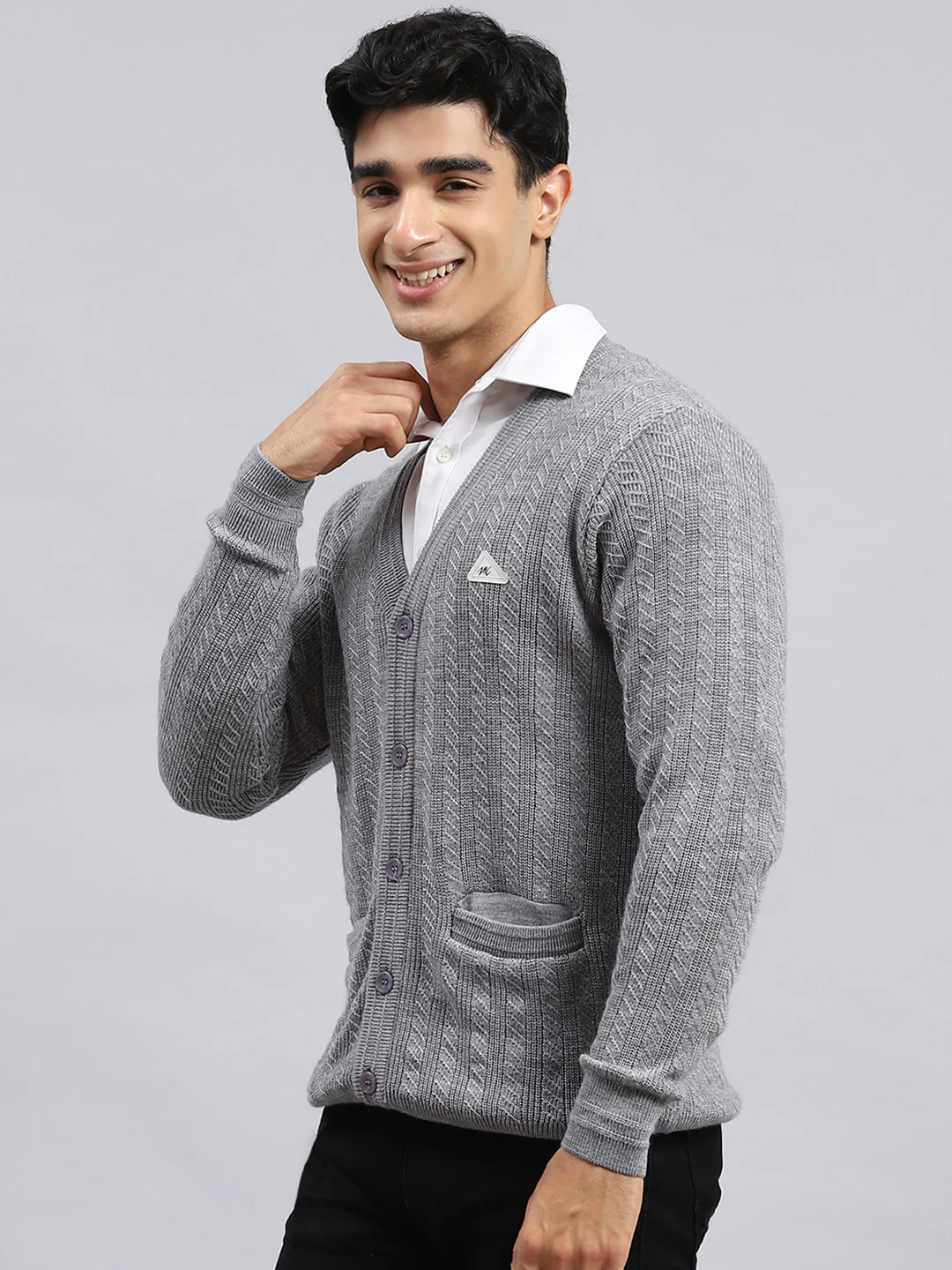 Men Grey Self Cardigan - Image 4