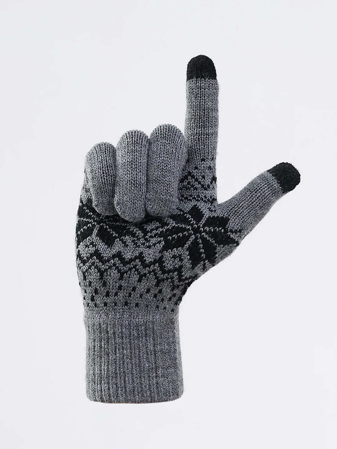 Men Grey Self Design Blend Wool Gloves - Image 2