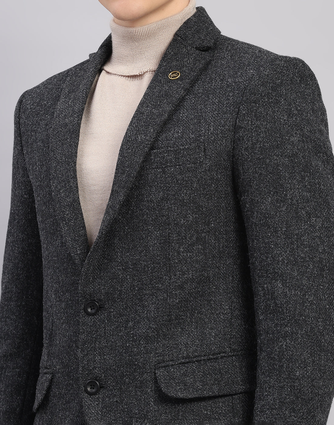 Men Grey Self Design Collar Full Sleeve Blazer - Image 6