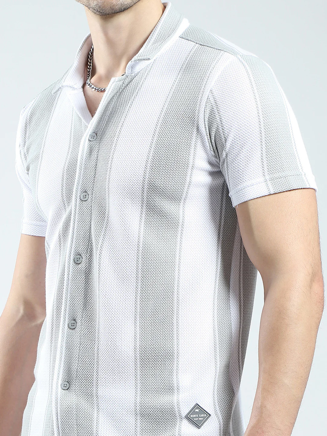 Men Grey Self Design Collar Half Sleeve Bermuda Set - Image 7