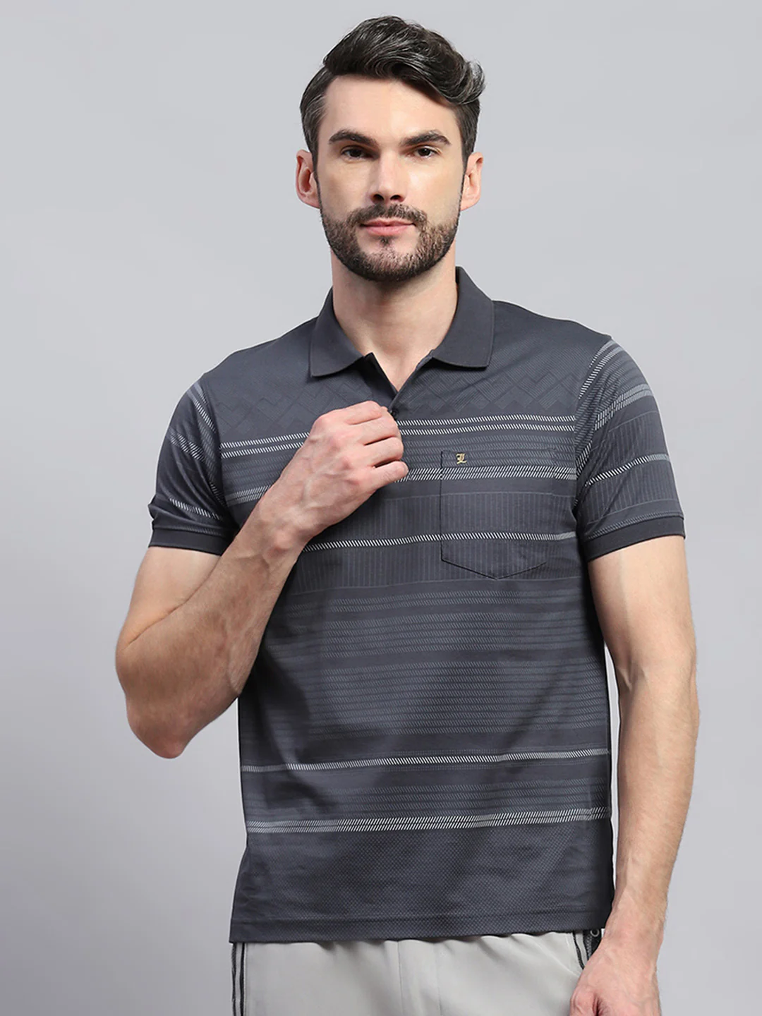 Men Grey Self Design Collar Half Sleeve T-Shirt - Image 2