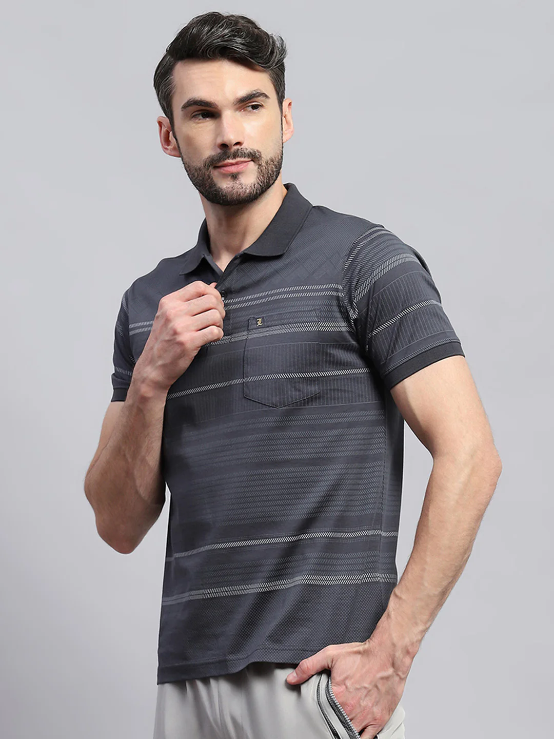 Men Grey Self Design Collar Half Sleeve T-Shirt - Image 3