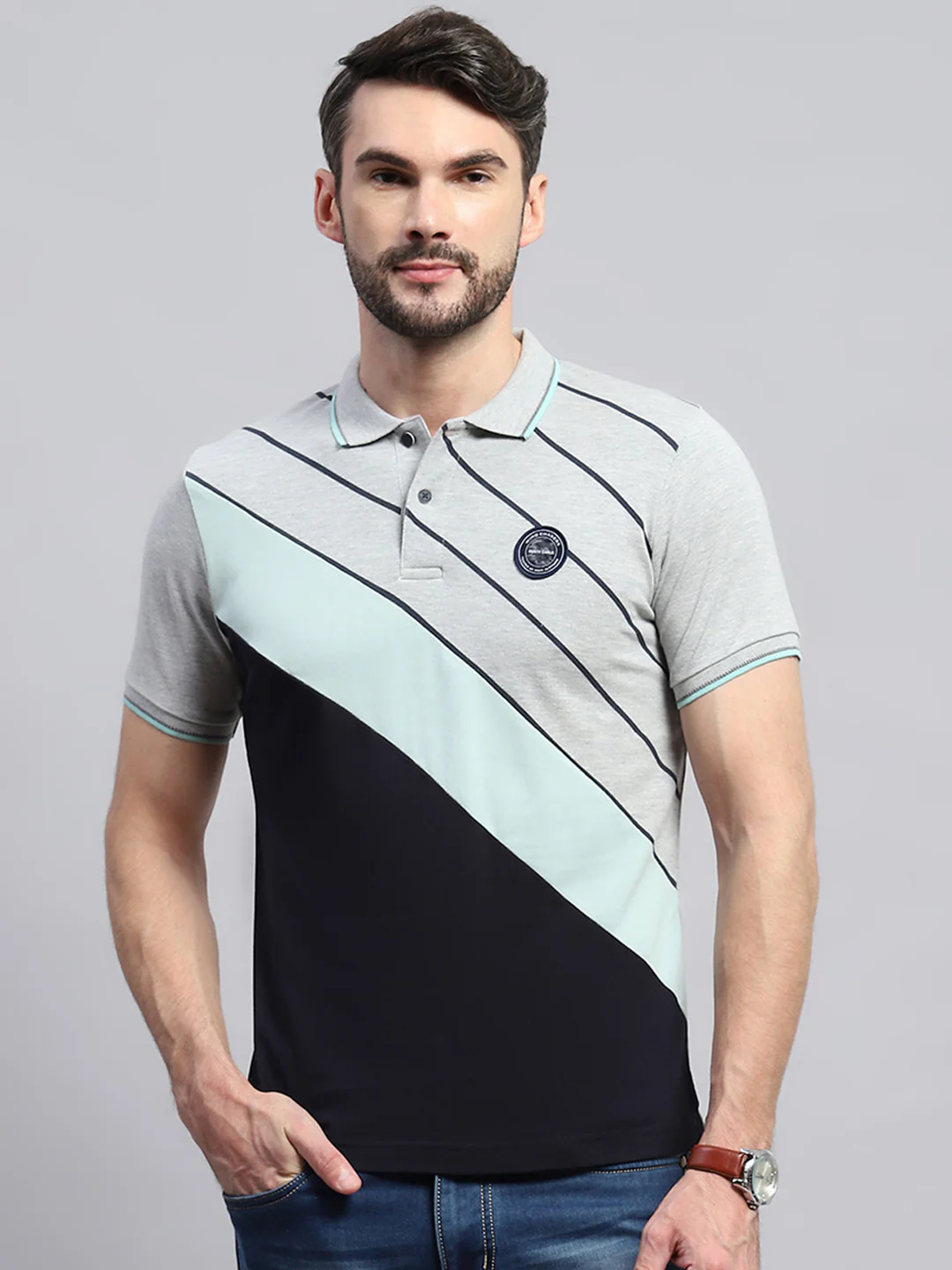 Men Grey Self Design Collar Half Sleeve T-Shirt - Image 2