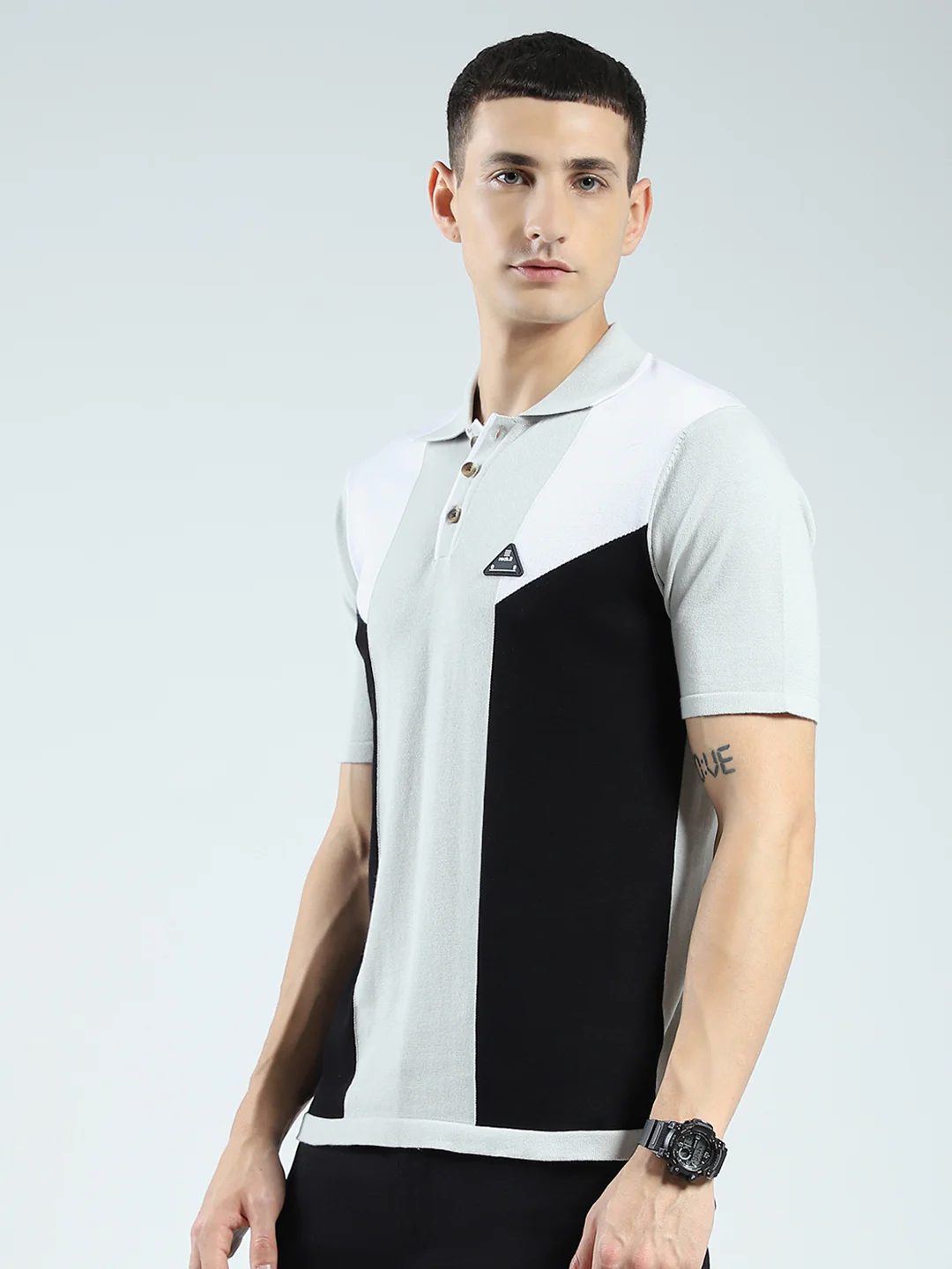 Rock.it Men Grey Self Design Collar Half Sleeve T-Shirt - Image 3