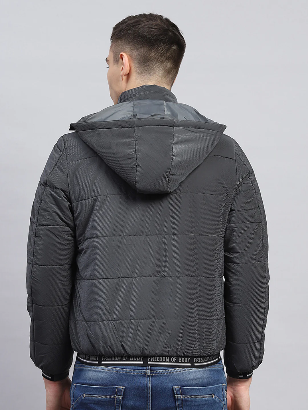 Men Grey Self Design Detachable Hood Full Sleeve Jacket - Image 7