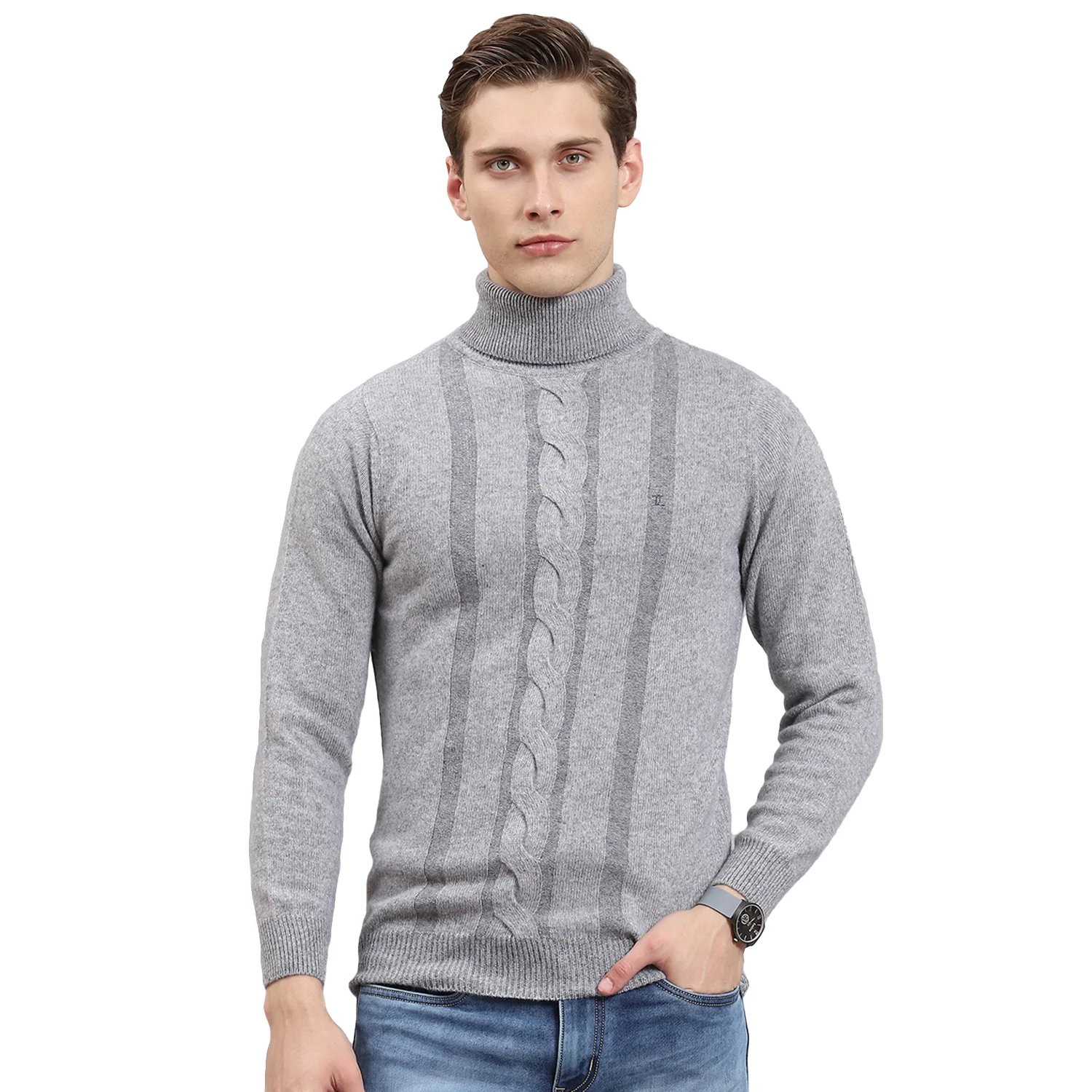 Men Grey Self Design H Neck Full Sleeve Sweater - Image 5