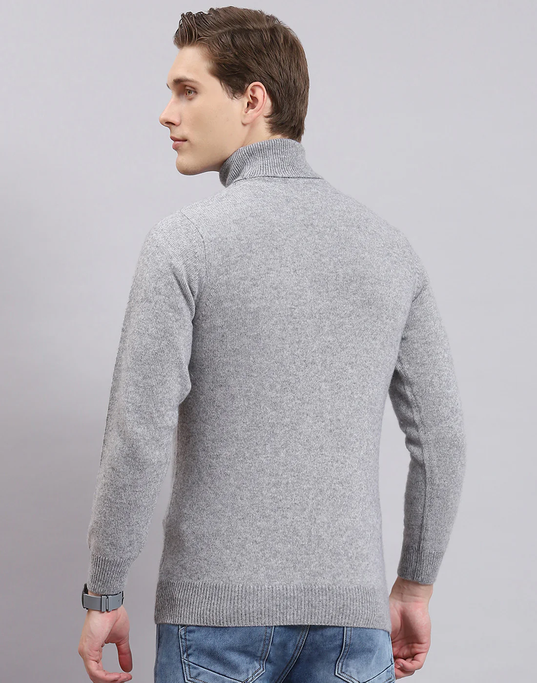 Men Grey Self Design H Neck Full Sleeve Sweater - Image 6