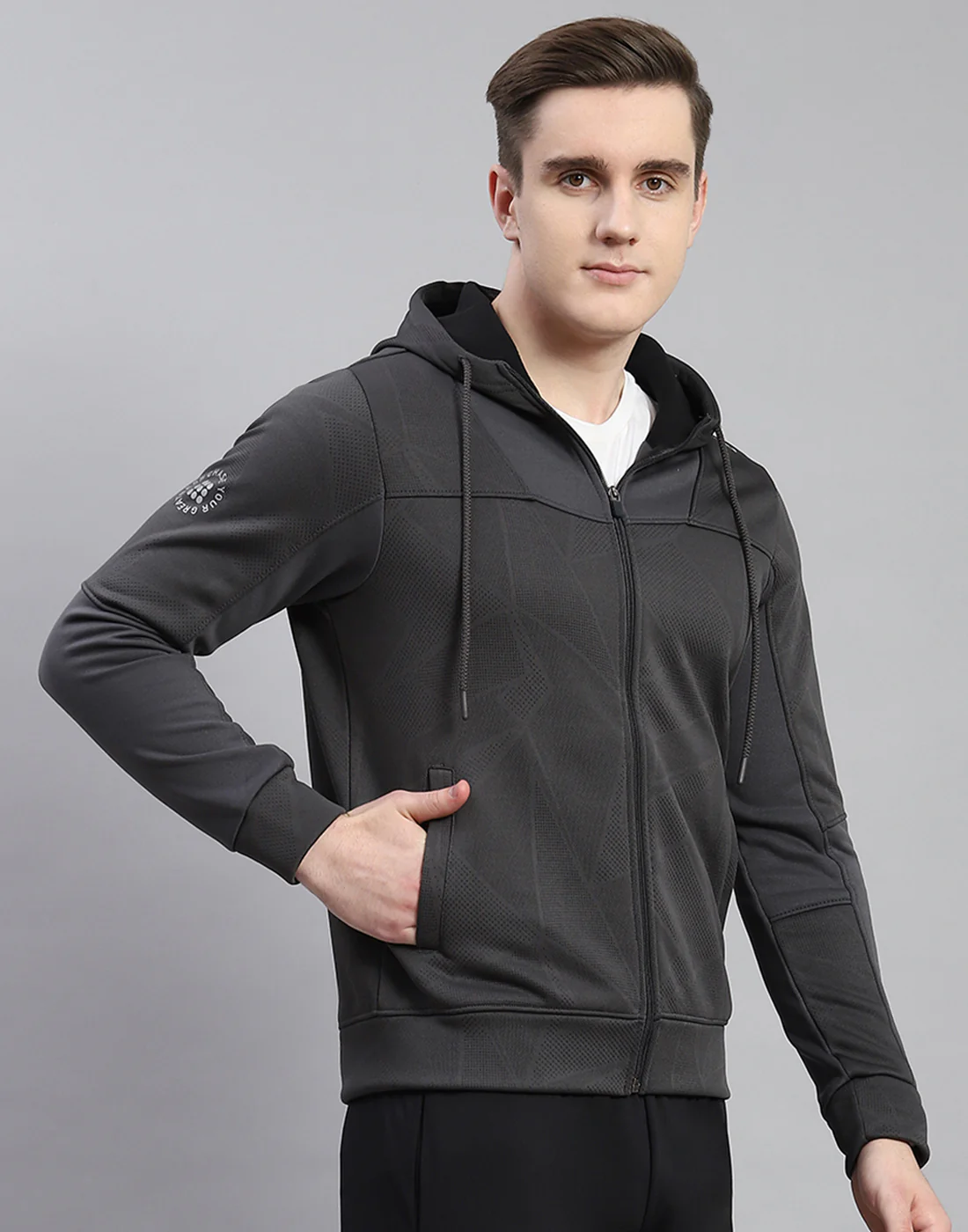 Rock.it Men Grey Self Design Hooded Full Sleeve Sweatshirt - Image 4