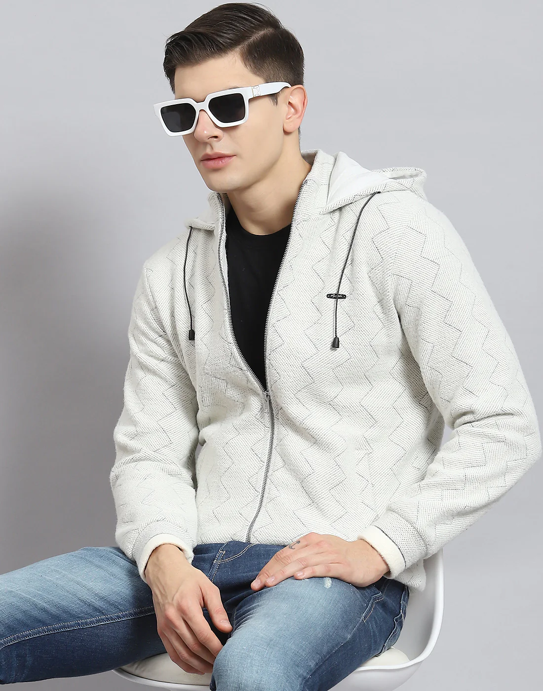 Men Grey Self Design Hooded Full Sleeve Sweatshirt - Image 2