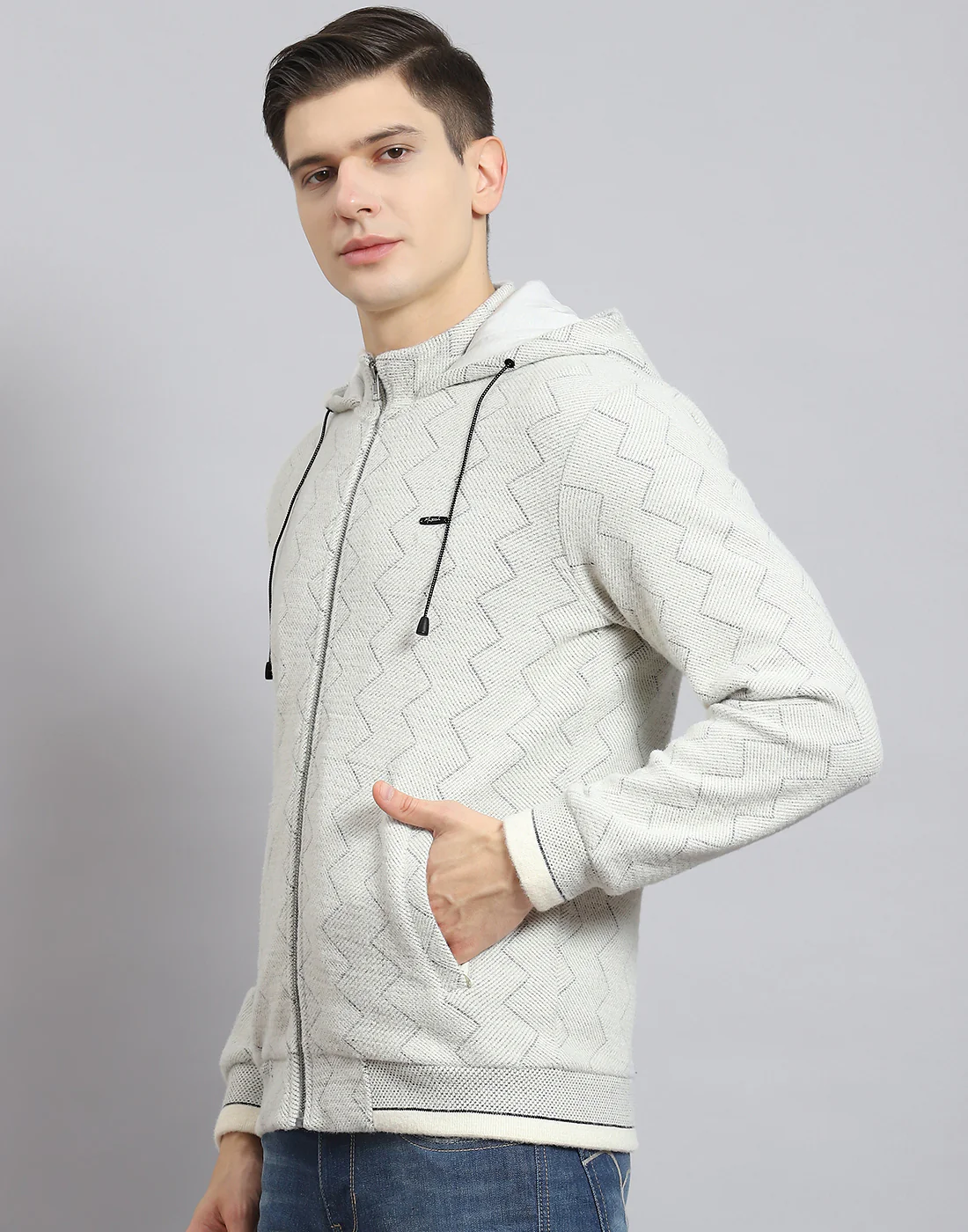 Men Grey Self Design Hooded Full Sleeve Sweatshirt - Image 4