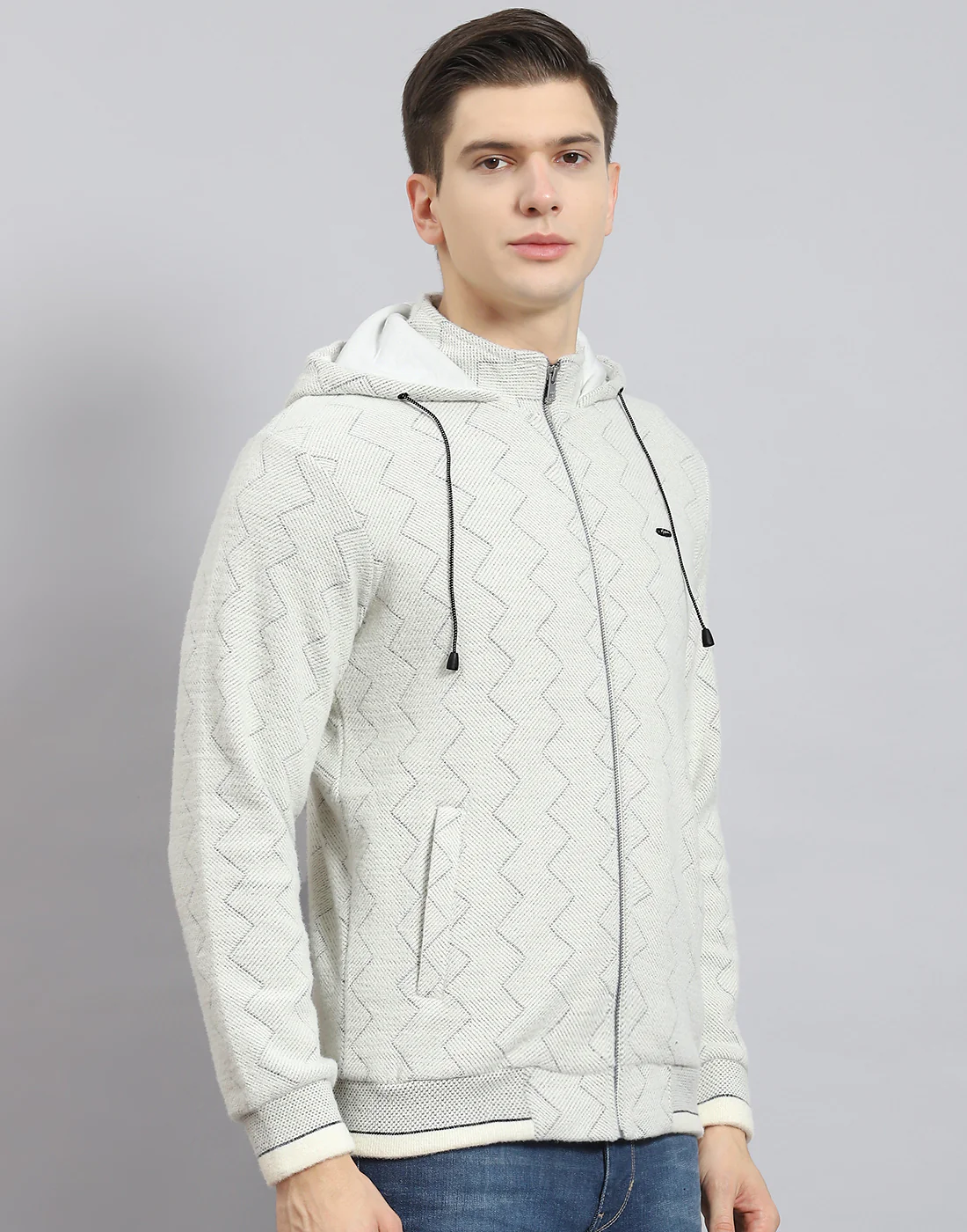 Men Grey Self Design Hooded Full Sleeve Sweatshirt - Image 6