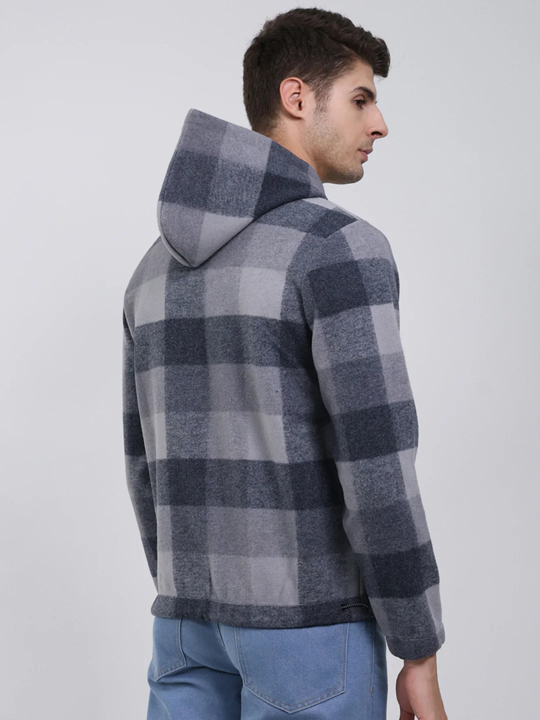 Men Grey Self Design Hooded Full Sleeve Sweatshirt - Image 5