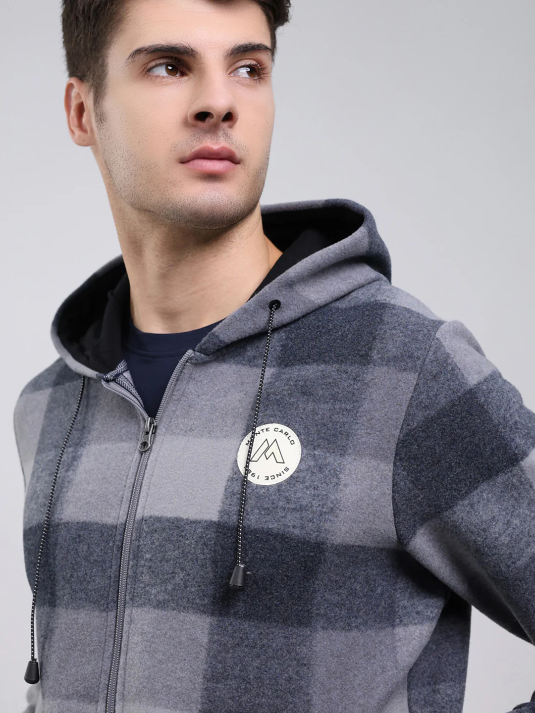 Men Grey Self Design Hooded Full Sleeve Sweatshirt - Image 6