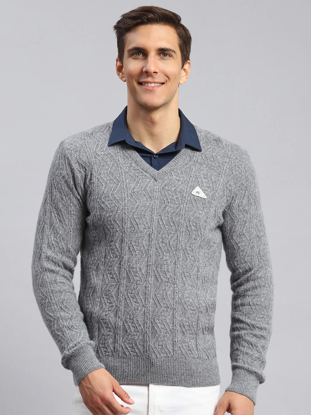 Men Grey Self Design Lamb wool Pullover - Image 2