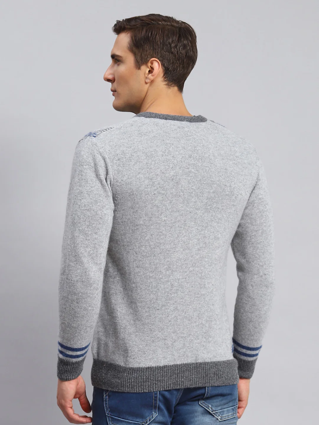 Men Grey Self Design Lamb wool Pullover - Image 5