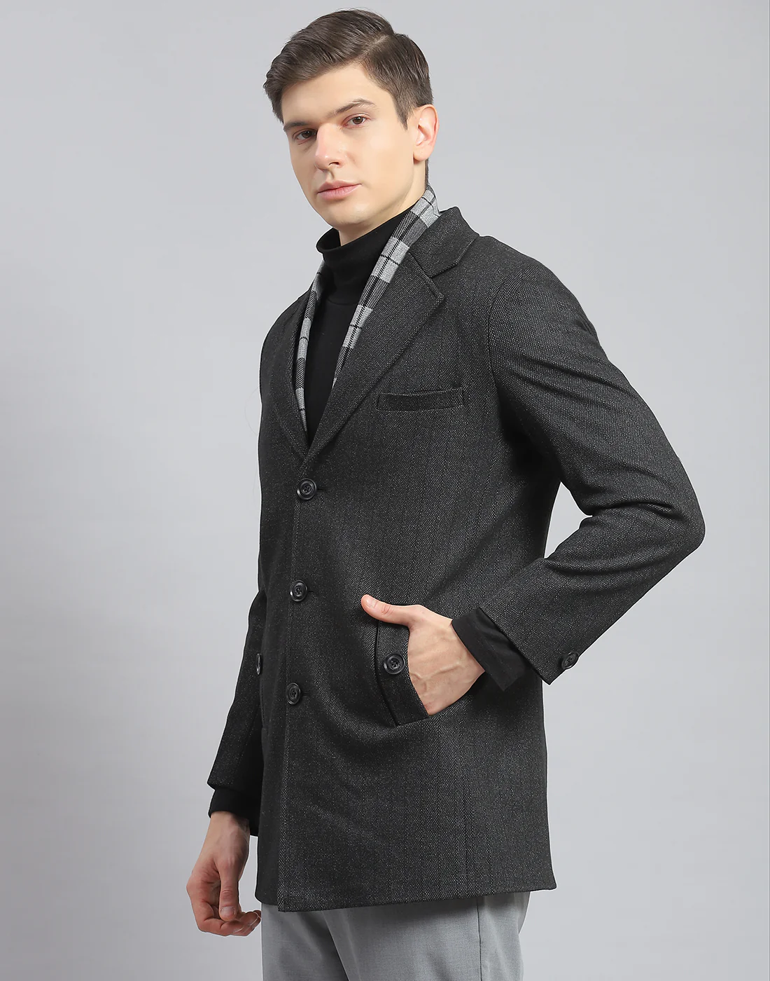 Men Grey Self Design Lapel Collar Full Sleeve Coat - Image 3