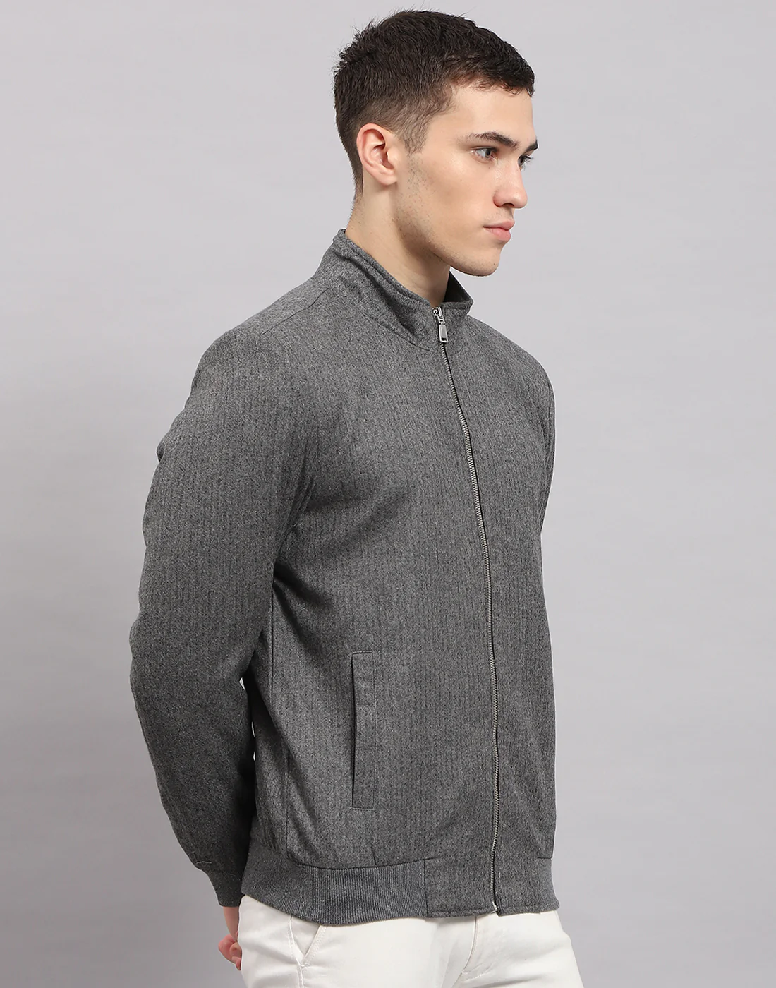 Men Grey Self Design Mock Neck Full Sleeve Jacket - Image 4