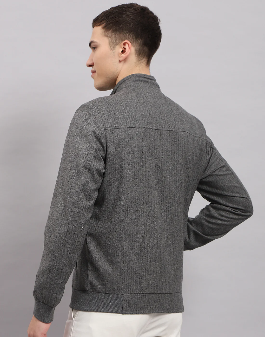 Men Grey Self Design Mock Neck Full Sleeve Jacket - Image 5