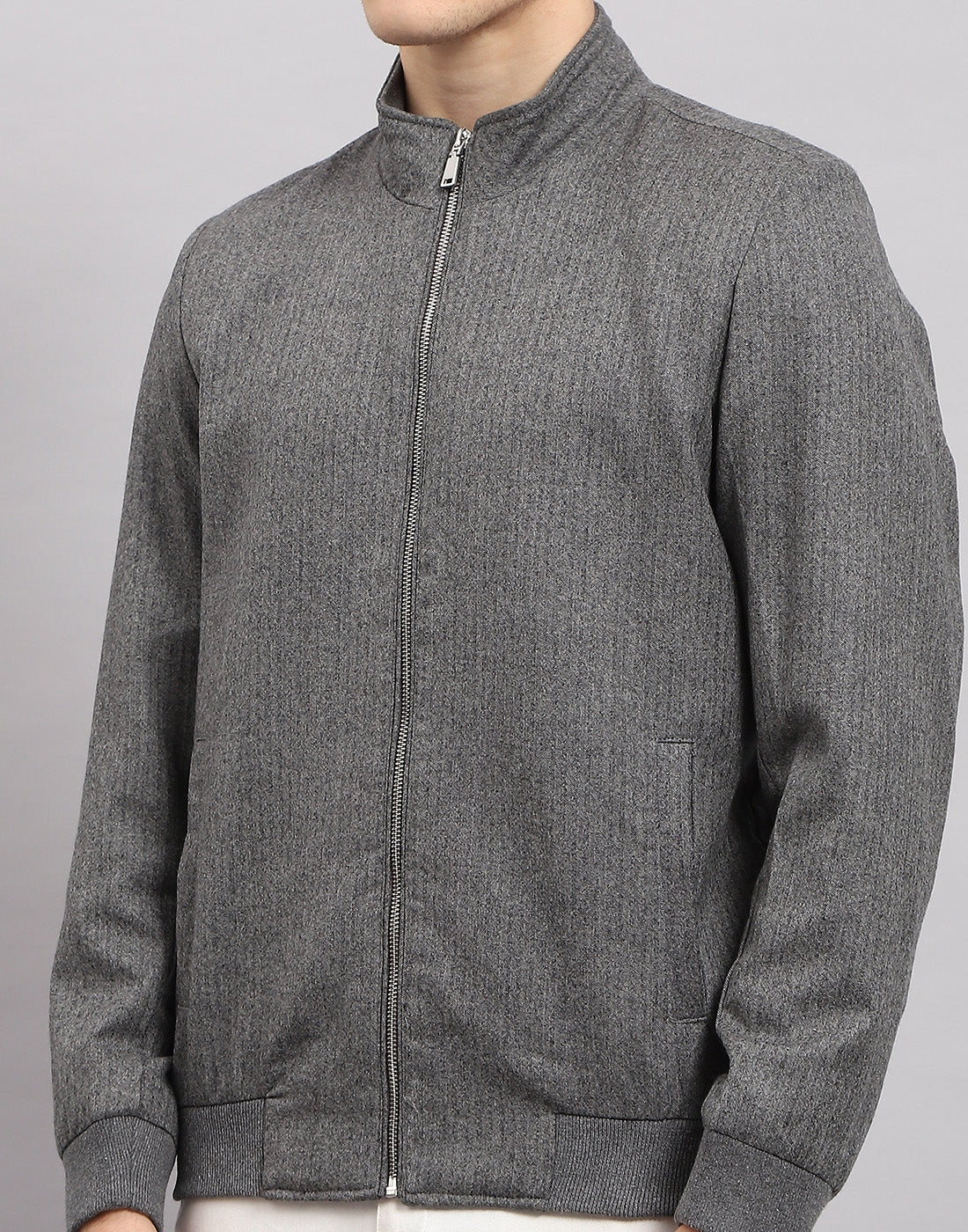 Men Grey Self Design Mock Neck Full Sleeve Jacket - Image 6