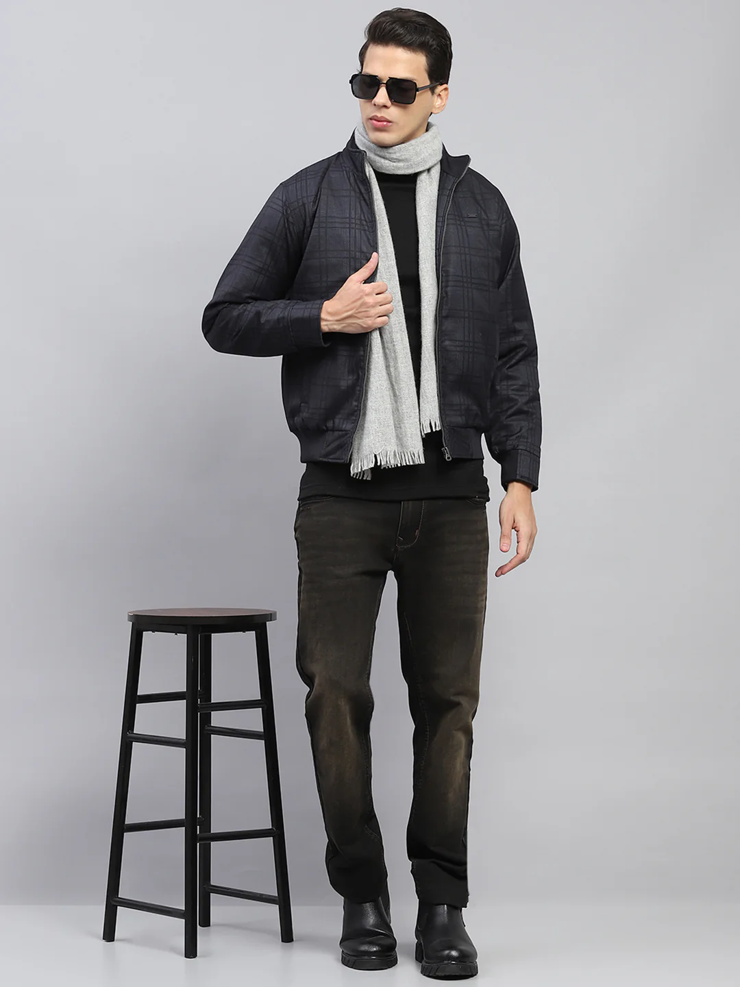 Men Grey Self Design Mock Neck Full Sleeve Jacket - Image 2