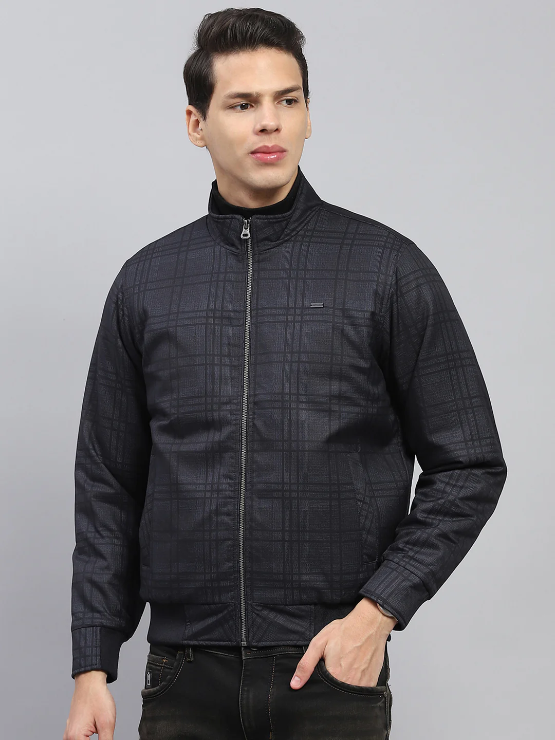 Men Grey Self Design Mock Neck Full Sleeve Jacket - Image 3