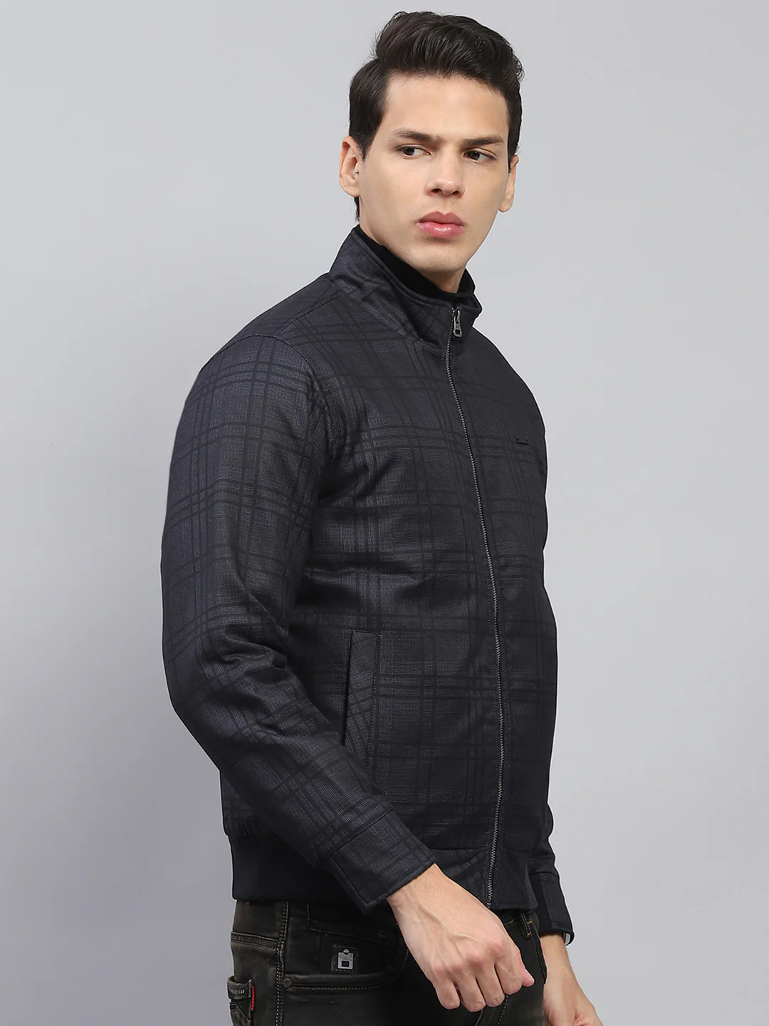 Men Grey Self Design Mock Neck Full Sleeve Jacket - Image 4