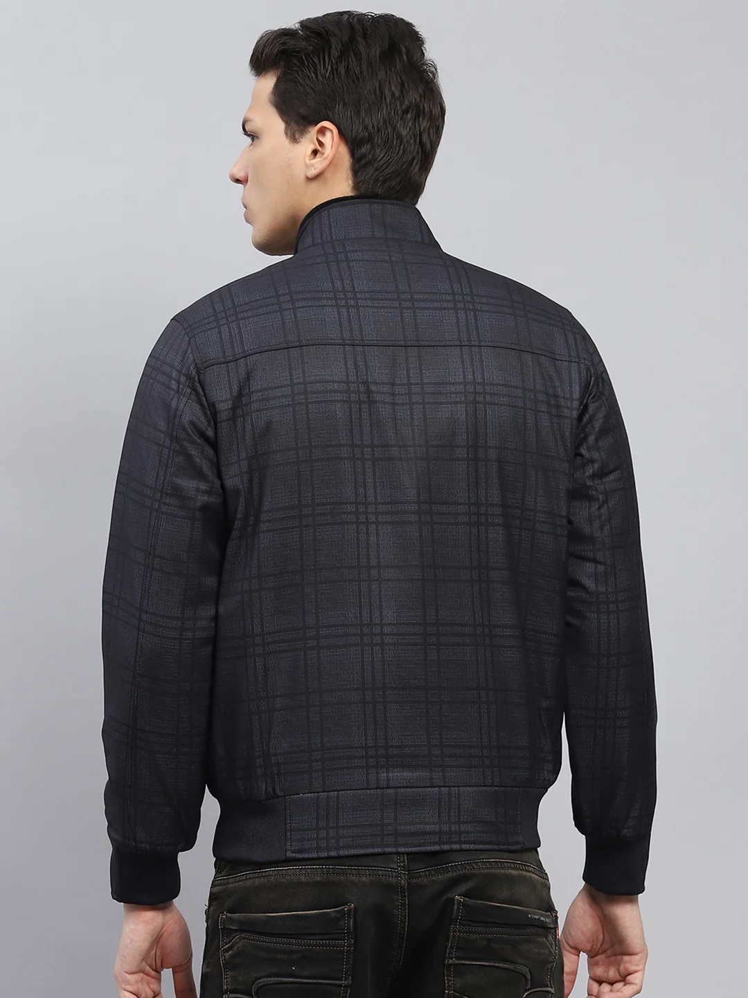 Men Grey Self Design Mock Neck Full Sleeve Jacket - Image 5