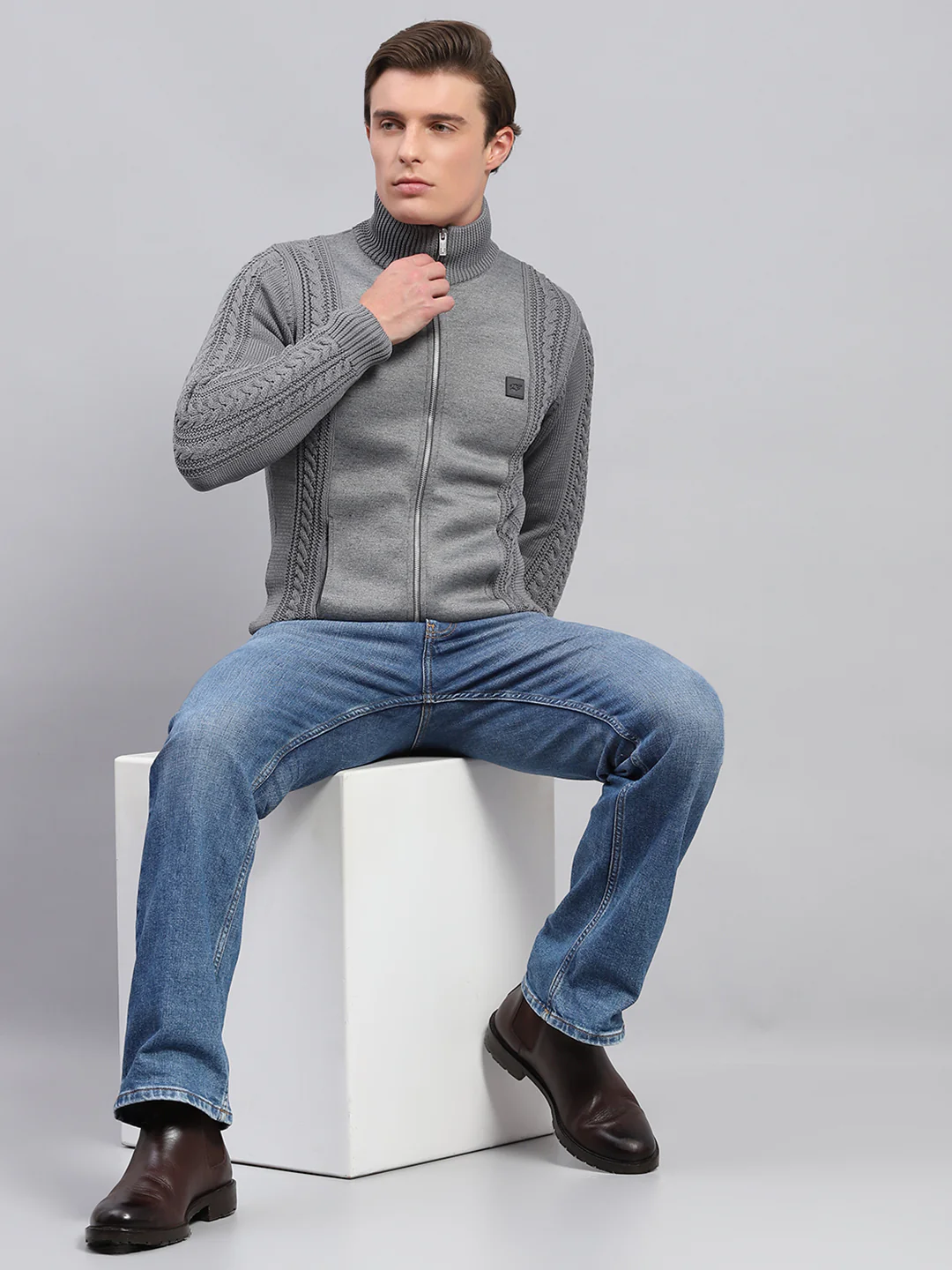 Men Grey Self Design Mock Neck Full Sleeve Pullover - Image 2